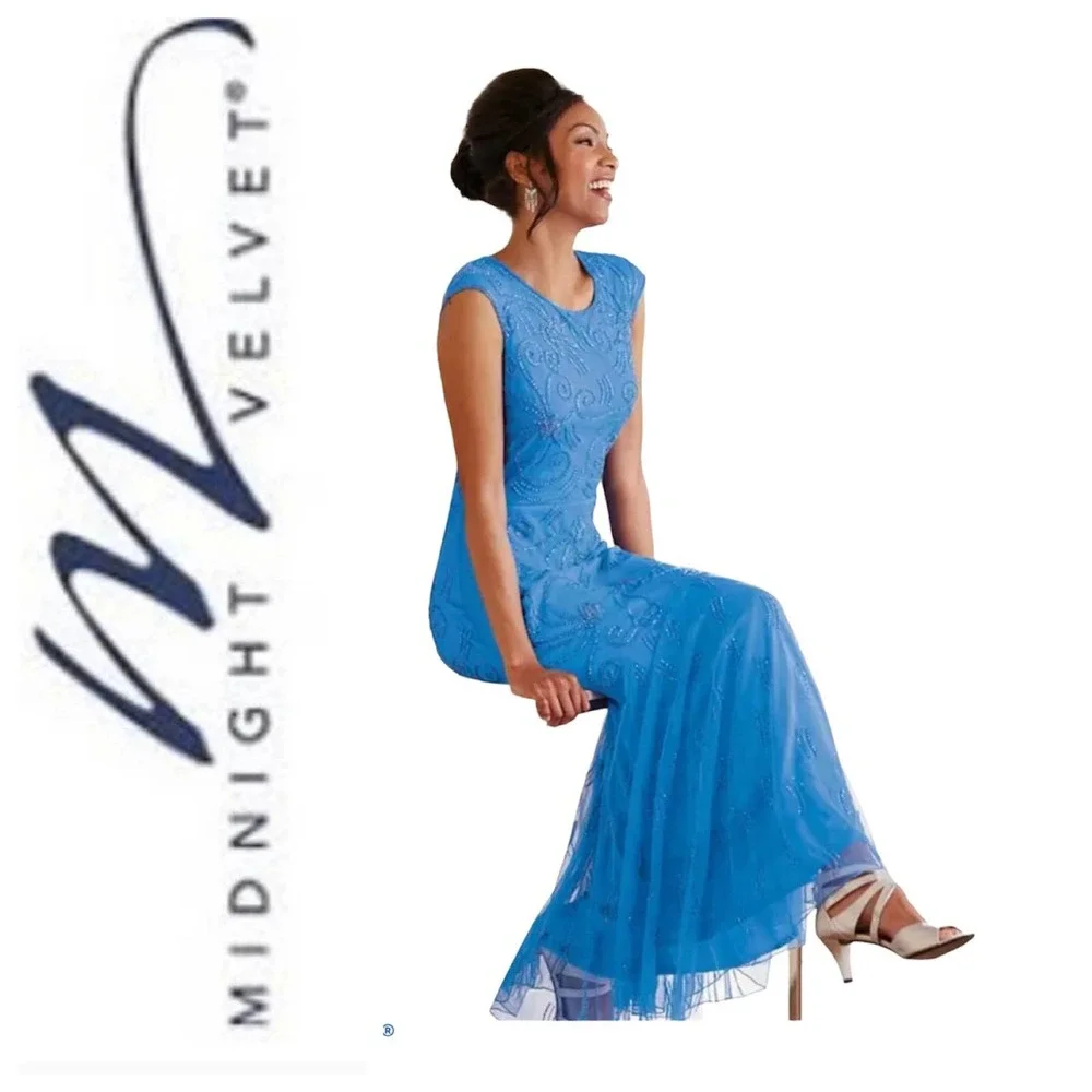 Darcia Blue Gown Hand Beaded Mesh Formal Maxi Dress from Midnight Velvet - Picture 1 of 9